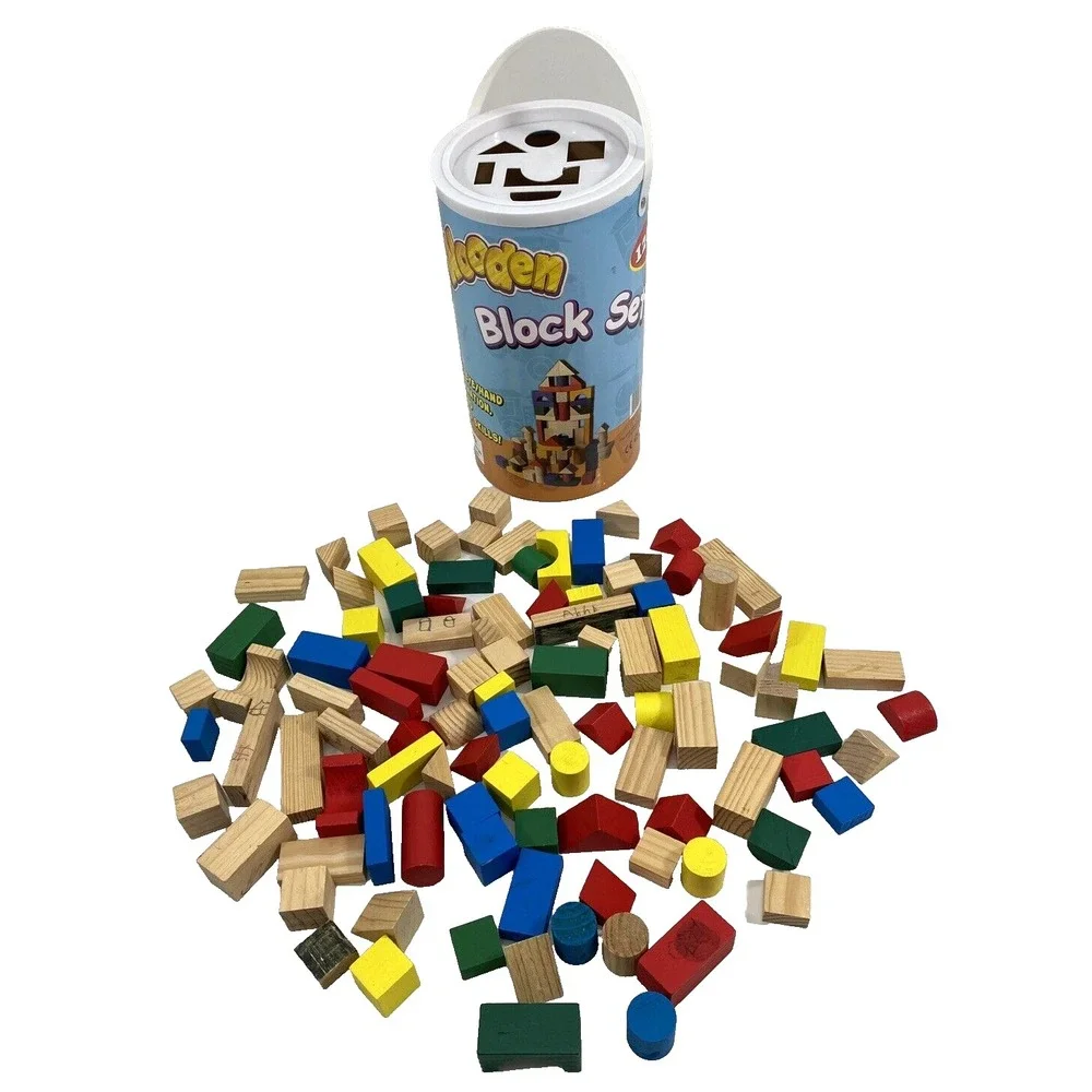 Wooden Building Blocks Set of 100 Various Colors and Shapes and Storage Canister
